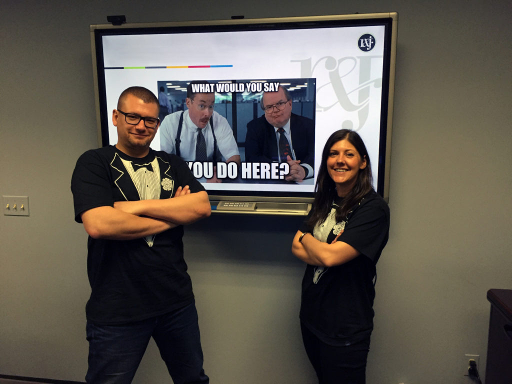 Kyle and Tiffany in tuxedo shirts