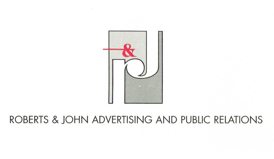 Roberts & John Advertising and Public Relations logo, featuring interlocked R and J letterforms with a red ampersand.