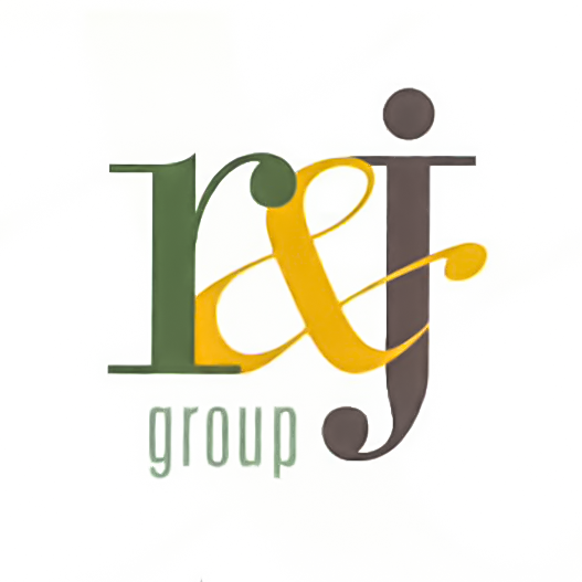 Logo for R&J Group with stylized interlocking letters in green, gold, and brown.