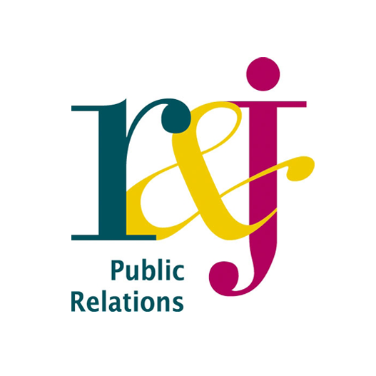 Logo for R&J Public Relations featuring interlocking serif letterforms in teal, gold, and crimson.