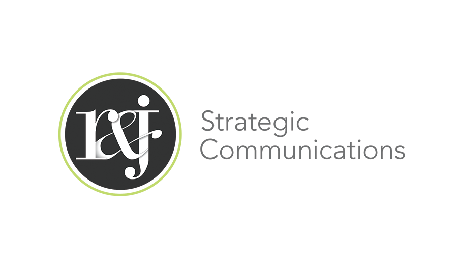 Logo for R&J Strategic Communications featuring a monogram in a dark circle with green outline.