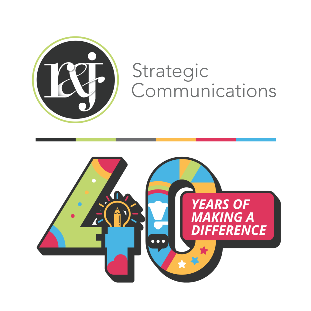 R&J Strategic Communications 40th anniversary mark featuring vivid geometric numerals filled with communications icons.