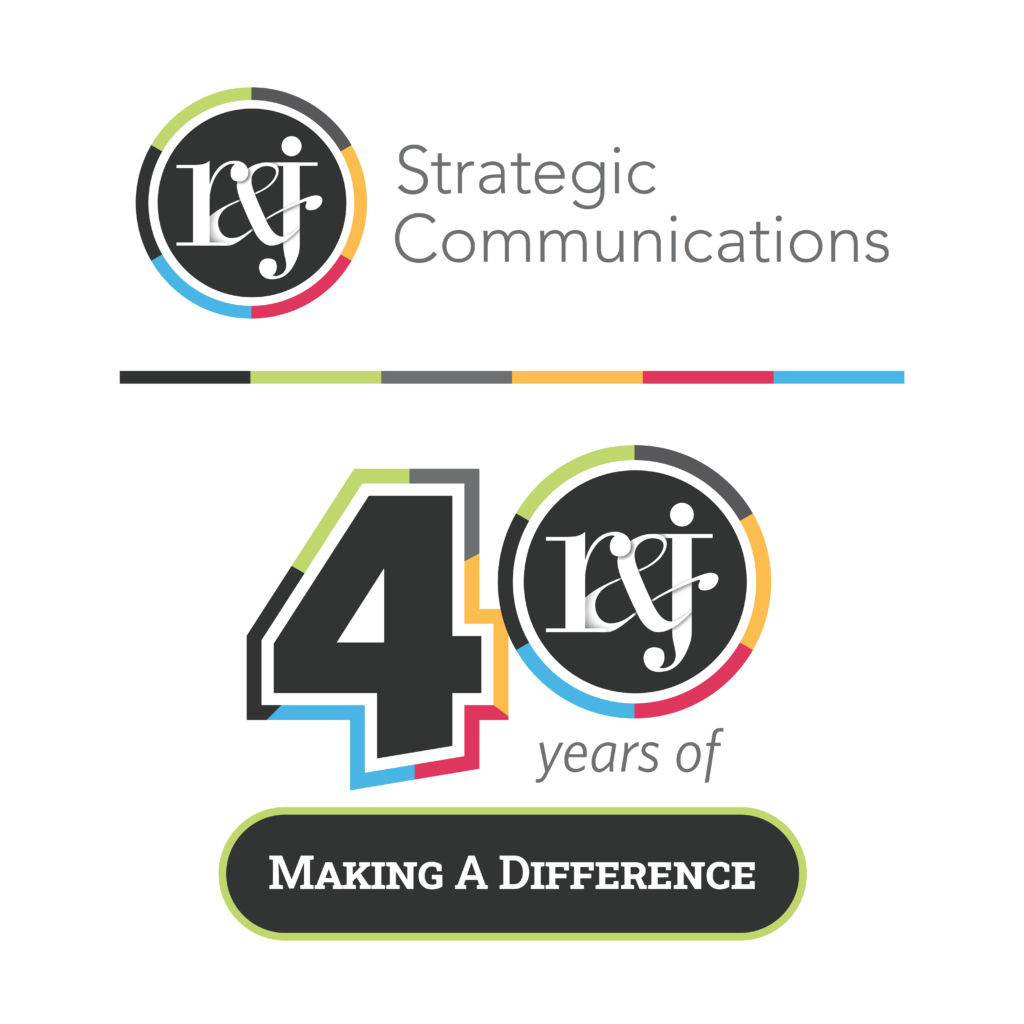 R&J Strategic Communications 40th anniversary logo: a large '4' beside the r&j logomark styled as '0,' reading '40 years of Making A Difference.'.