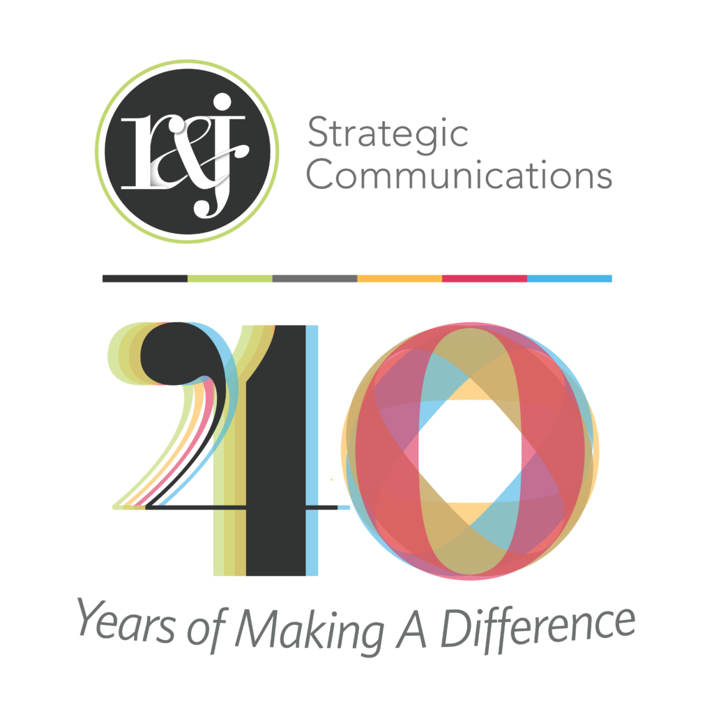 R&J Strategic Communications 40 Years of Making A Difference anniversary mark with layered, multicolor typographic numerals.