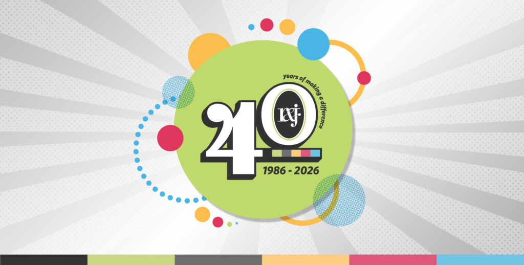 R&J 40th anniversary logo: 40 years of making a difference, 1986–2026, on a colorful burst design.