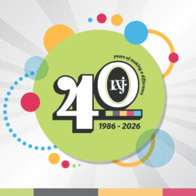 R&J 40th anniversary logo: 40 years of making a difference, 1986–2026, on a colorful burst design.