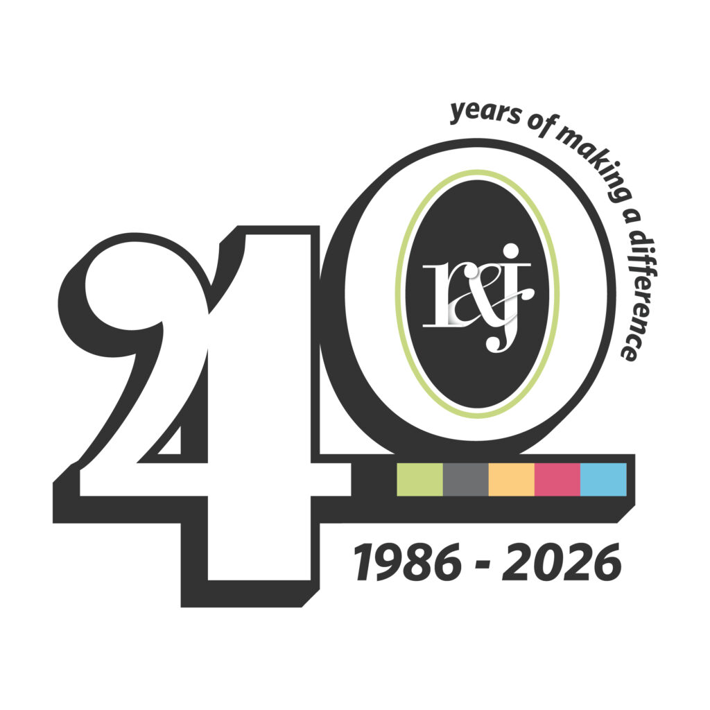 R&J 40th anniversary logo: 40 years of making a difference, 1986–2026, with five brand color bar.