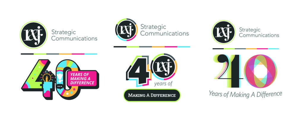 R&J Strategic Communications 40 Years of Making a Difference — three anniversary logo variations on white background.