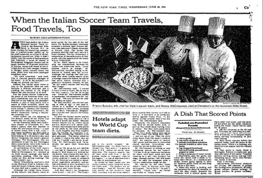 1994 SHH World Cup NY Times Screen Shot New York Times article from 1994: “When the Italian Soccer Team Travels, Food Travels, Too,” showing two chefs with a pasta dish.