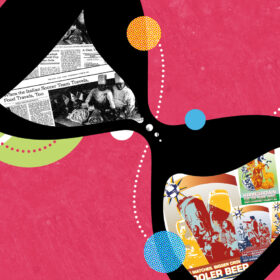 Hourglass holding a 1994 New York Times World Cup food clipping and Visit Somerset County, NJ soccer posters, on a raspberry pink background.