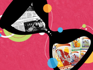 Hourglass holding a 1994 New York Times World Cup food clipping and Visit Somerset County, NJ soccer posters, on a raspberry pink background.
