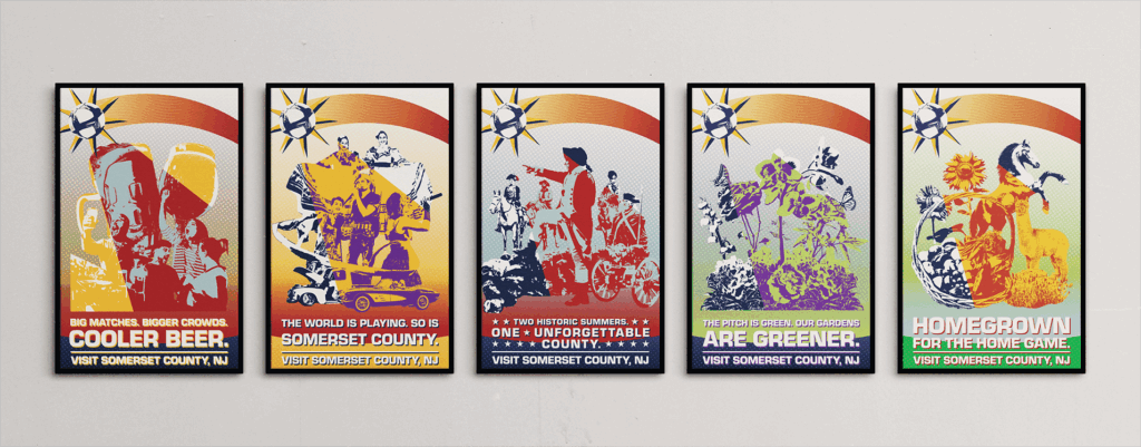 SCBP FIFA Poster Mockups Five framed Visit Somerset County, NJ soccer-themed posters in a row, covering beer, culture, history, gardens, and local farms.